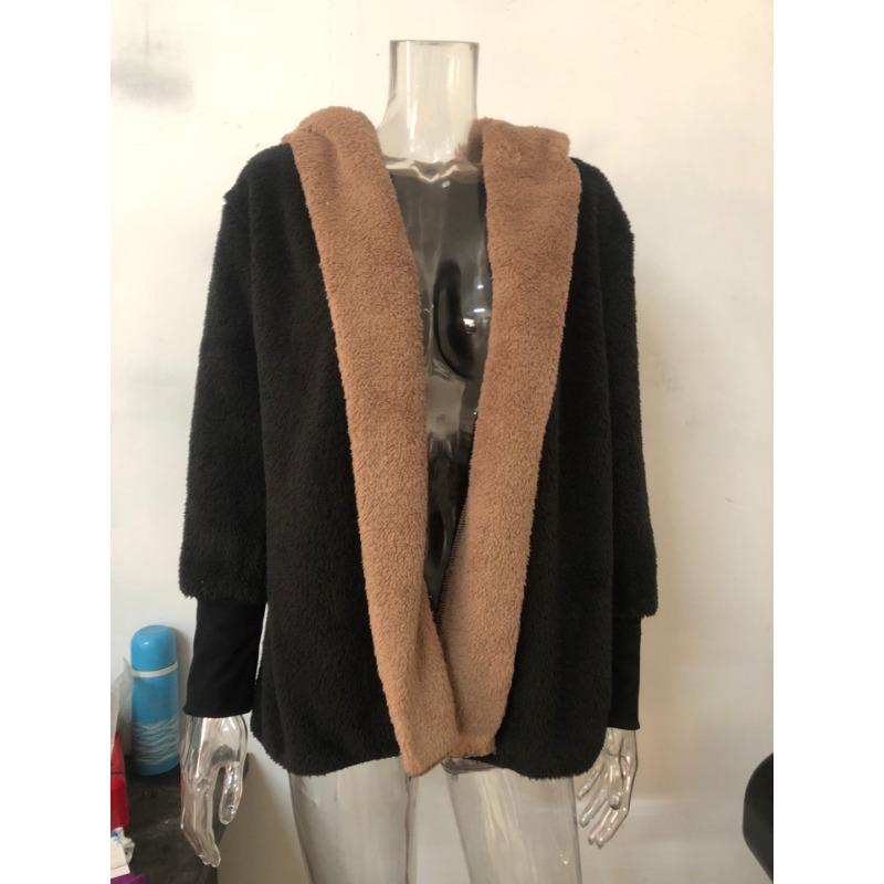 New Women's Color Blocked Double-sided Velvet Hooded Loose Cardigan Jacket