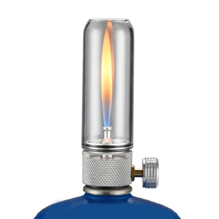 Aluminiowa lampa gazowa o wydłużonym czasie palenia, metaliczna faktura, dla entuzjastów biwakowania na odludziu i aktywności na świeżym powietrzu