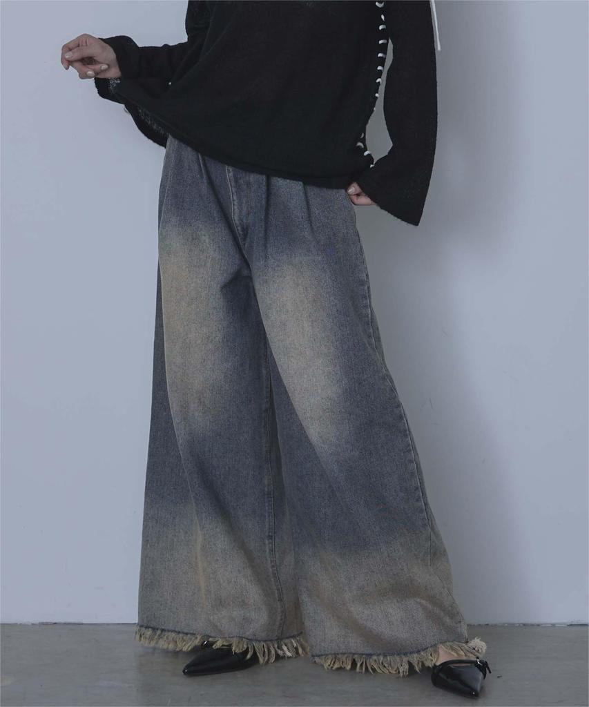 Miette Overdyed Denim Pants with Fringe At the Size RFXT0274 Wide-Leg Hem, Women's M, Blue,