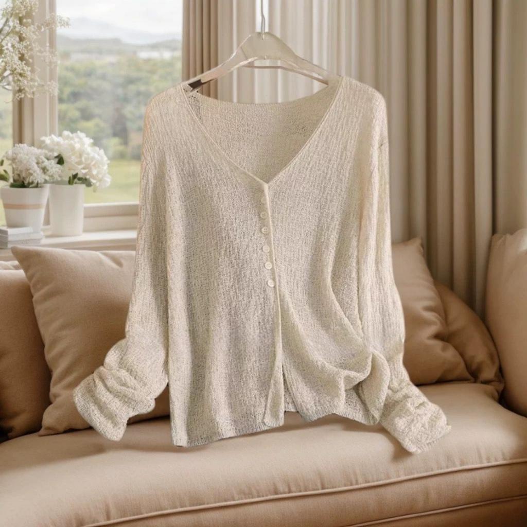 Fashionable Lightweight V-neck Cardigan - Transparent Summer Long Sleeved Shawl, Women's Casual Sexy Style, Elegant Cardigan