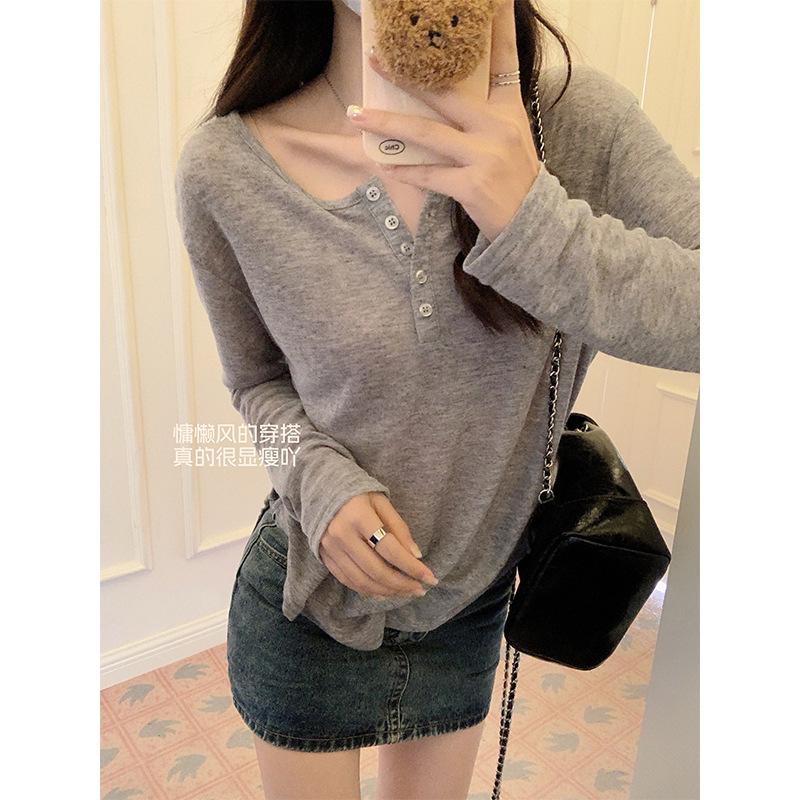 Korean Loose Lazy Style Long-sleeved T-shirt Women's Spring New Design Sense Semi-open Neck Sexy Pure Desire Outerwear Top