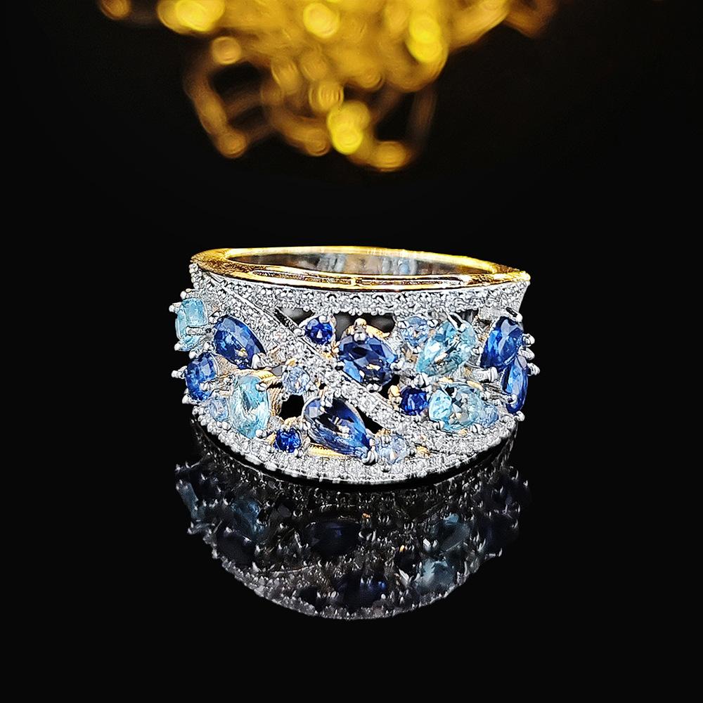 Niche Delicate Blue Color Zircon Hollow Rings For Women Size Rings Party Jewelry Charm Gifts