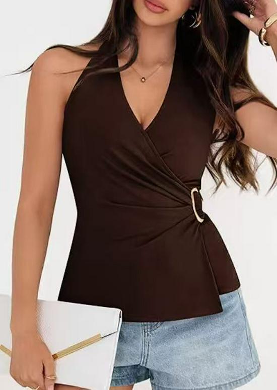 2026 Summer Solid Color Sleeveless V-neck Sexy Cross Halter Backless Women's Top