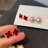 Red Velvet Clover Pearl Two-Way Stud Earrings for Women - Elegant New Style in Stock