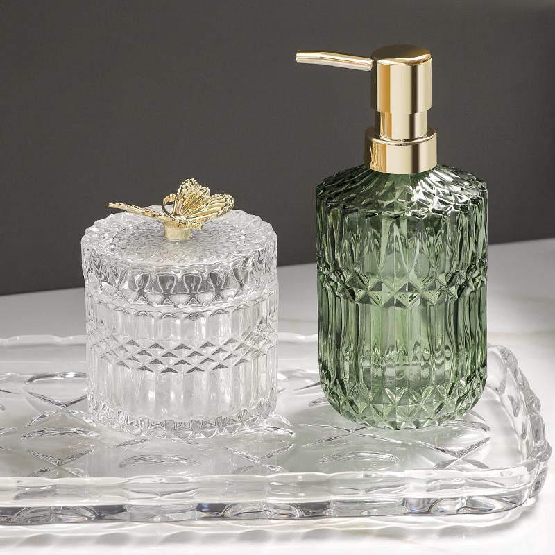 390ML Glass Lotion Bottle Diamond Shape Bathroom Soap Liquid Container Household Glass Shampoo Shower Gel Lotion Storage Bottle