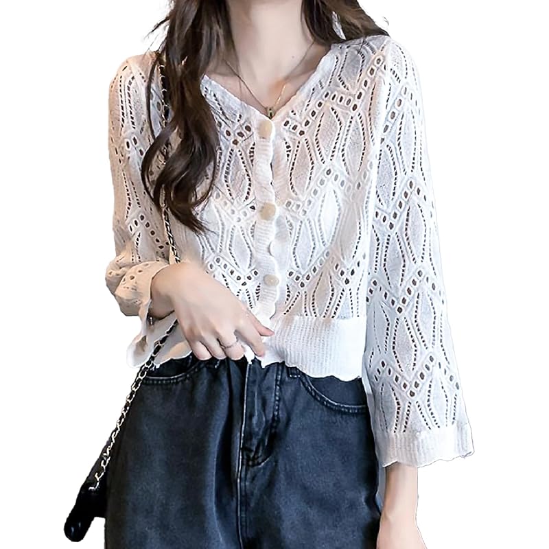

[Lilly chocolate] short length cardigan ladies Openwork knitting Roughly key knitting spring summer autumn spring/summer Thin light cool summer
