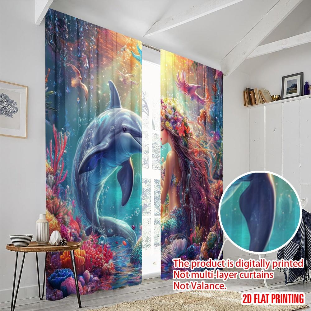 2pcs,2D Plane Printing Curtains Mermaids Ocean Dance Polyester (without Rod) All Seasons for Living Room & Kitchen Decor
