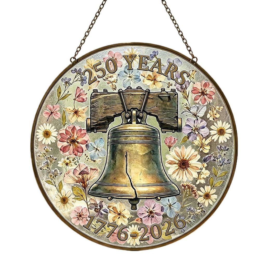 American 0th Anniversary Stained Glass Acrylic Suncatcher, Patriotic Flower Vase Window Hanging Decor