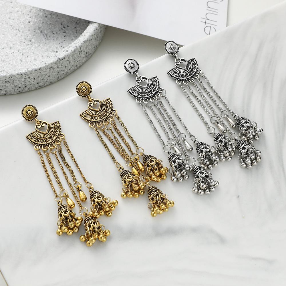 Indian Ethnic Style Jewelry Alloy Vintage Bells Bead Chain Tassel Long Jhumka Earrings For Women Daily Accessories