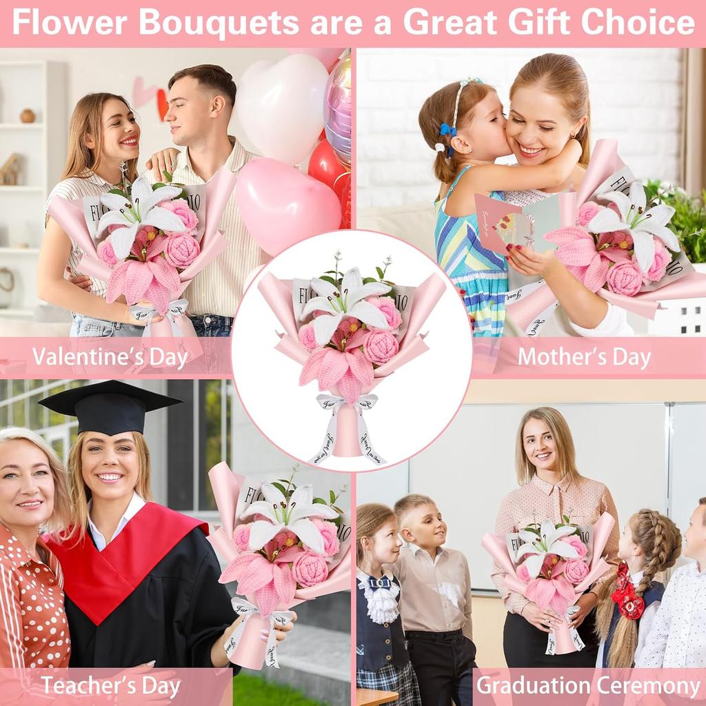 Crochet Flowers Crochet Flower Bouquet with Greeting Card Finished Handmade Knitted Flowers Roses & Lily Bouquet for Mother's Day Valentines Day