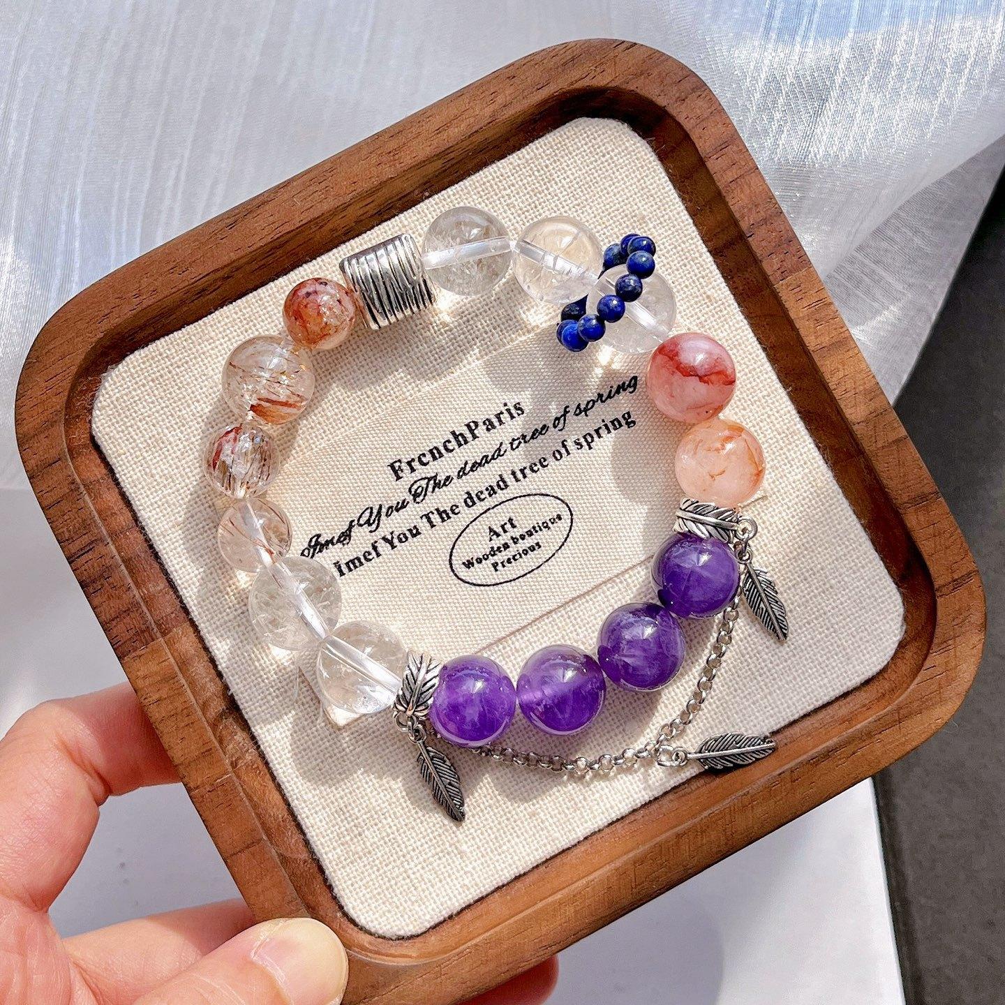 Natural White Crystal Tianhe Stone Amethyst Red Glue Flower Black Gold Super Seven Lapis Lazuli Contrasting Color Bracelet Bracelet