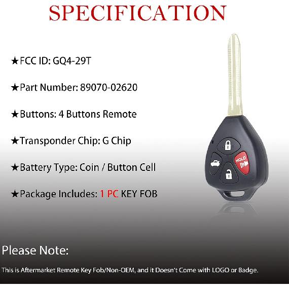 MechanMagic Key Fob Remote Replacement Fits for Toyota 2009 2010 2011 2012 2013 2014 2015 2016 Venza/2010-2013 Corolla Keyless Entry Remote Control