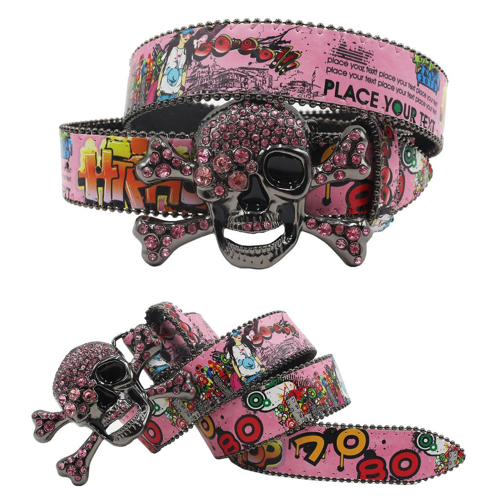 Big Skull Rhinestone belt women Men's PU leather belt Crystal set Western Cowgirl Diamond belt Colorful little tree graffiti