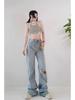 Women's High Waist Ripped Straight-Leg Jeans - Light Blue, Spring/Autumn 2024, Floor-Length, Slimming Fit