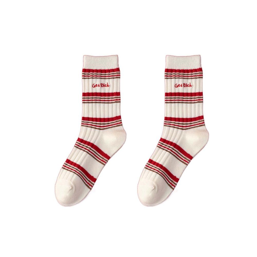 

5Pairs Stripe Embroidery Horse Socks Cartoon Red Cotton Socks Patchwork New Year Tube Socks Gift Style 1