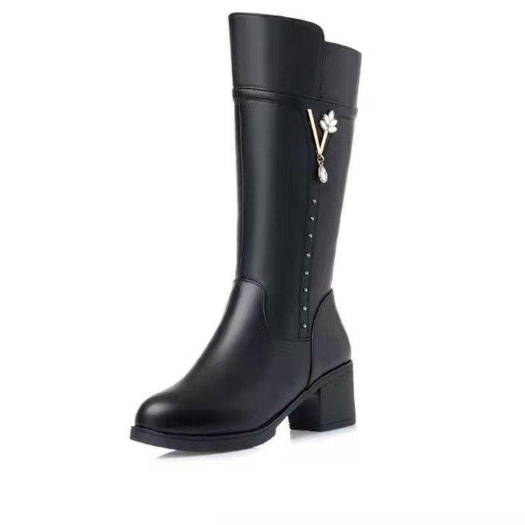 Womens Ankle Boots High Quality Leather Casual Boot Fashion High Heeled Ankle Boots for Women Plush Warm Winter Boot