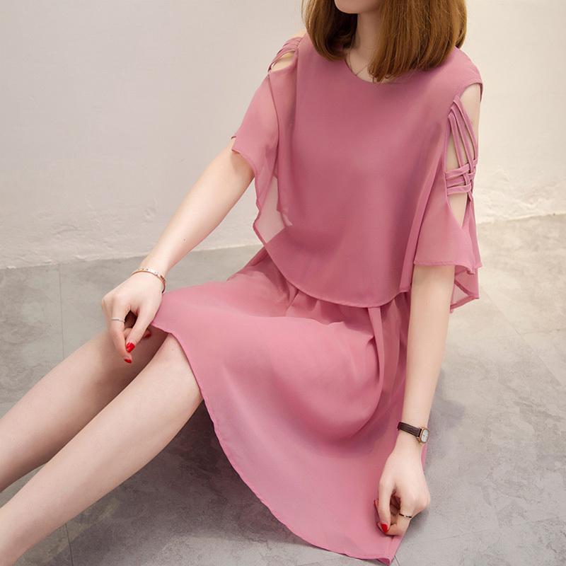 Frauen Frühling Sommer Kurzarm Hohe Taille A-linie Chiffon Kleid