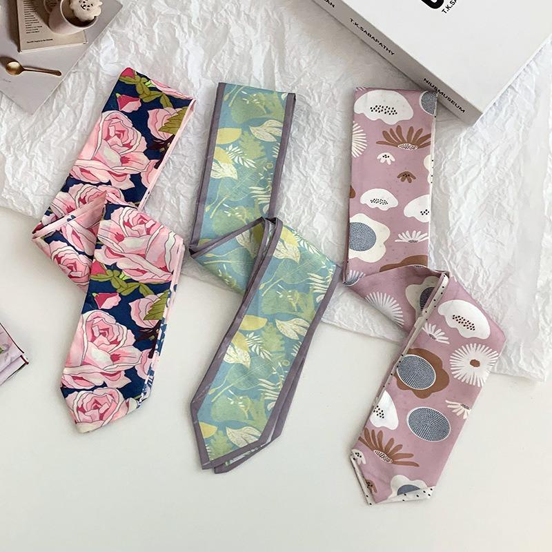 Silk scarf long strip high sense summer new oil painting style versatile floral scarf headscarf headband hair tie bag streamer
