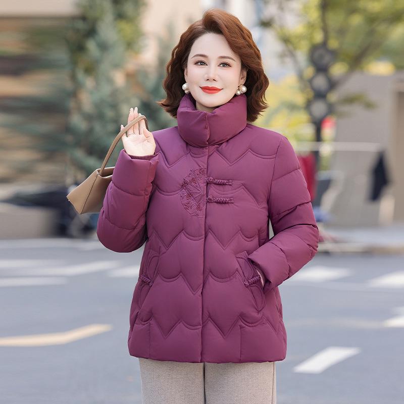 Women's Winter Cotton Jacket for Ages 40-60: Stand Collar, Short Style, Thickened for Warmth