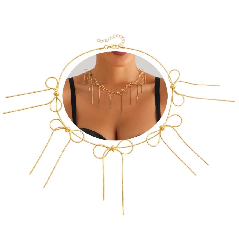 Delicate Tassels Bowknot Necklace for Women Snake Chain Sweater Choker Temperament Clavicle Chain Handmade Jewelry Gift