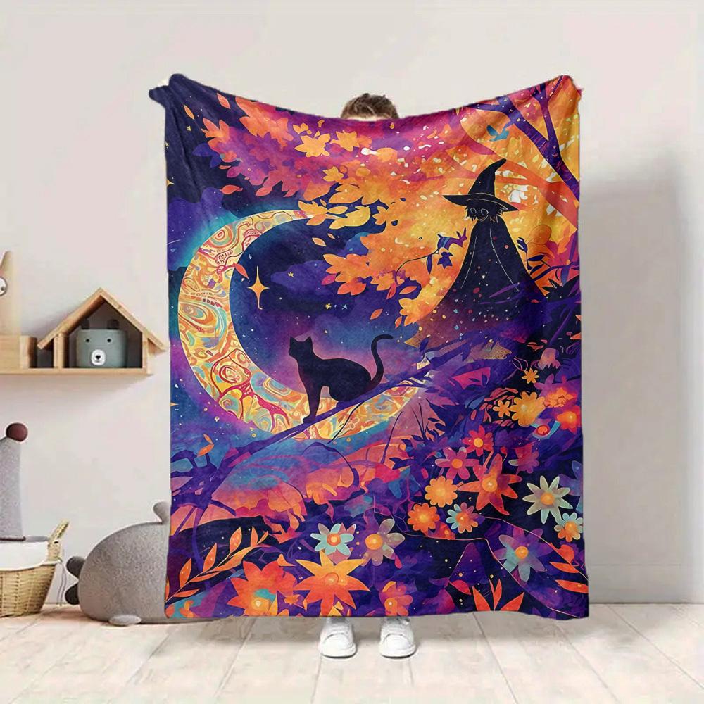 1pc Moon Witch Cat Blanket, Lightweight Flannel Throw Blanket for Sofa, Bed, Travel, Camping, Living Room, Office, Couch, Chair, and Bed