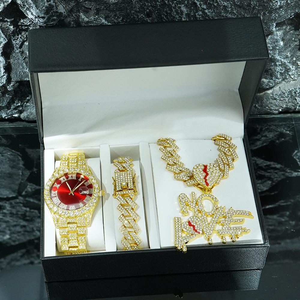 European and American Hip-hop Roman Numerals Diamond Studded Men s Watch Heart Wrenching NO LOVE Alloy Pendant Necklace Bracelet Set