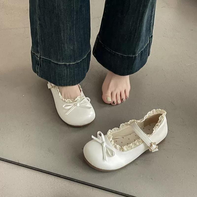 Casual lace bow single shoes women's 2025 summer new Mary Jane small leather shoes flat cute versatile single shoes