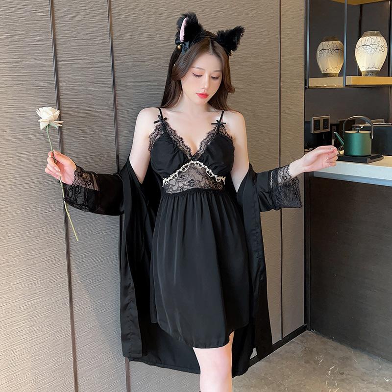 Female Sexy New Pajamas with Chest Pads, Suspenders, Spring and Summer Simulated Silk Pajamas, Two-piece Set, Bathrobes, Loungewear