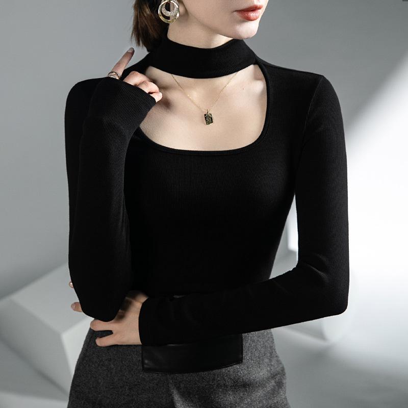 Hollow-Out Collarbone Halter Neck Fashion Tops for Autumn and Winter