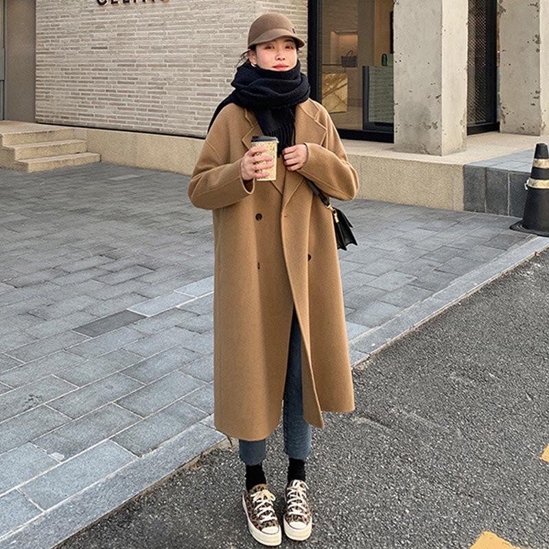 Women's Mid-Length Double-Breasted Wool Camel Coat - Autumn/Winter Korean Style Trend