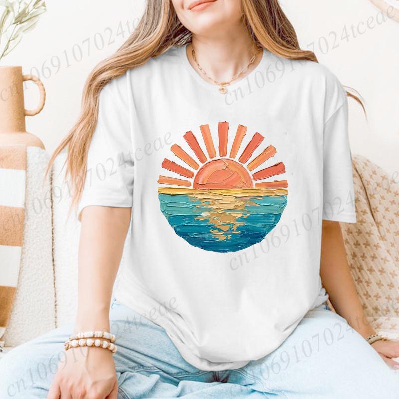 Sunset Beach Shirt,Ocean Graphic Tee,Retro Summer Vacation T Shirt,Cute Travel Party Women s T-Shirts Girls Trip Party T-Shirts M