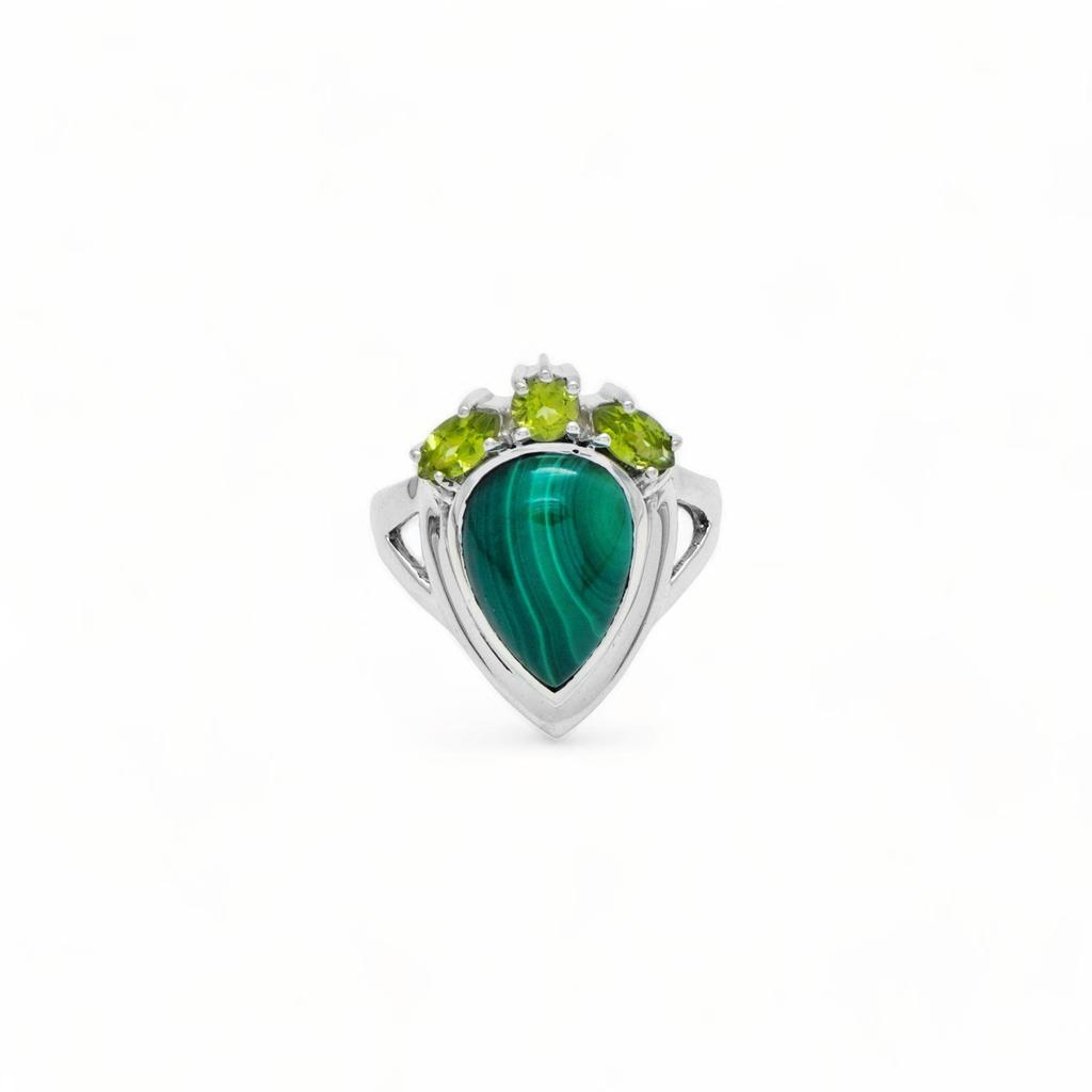 Malachite and Peridot Ring in 925 Sterling Silver – Handmade Women’s Gemstone Jewelry, Anniversary gift for Her, Christmas Gift