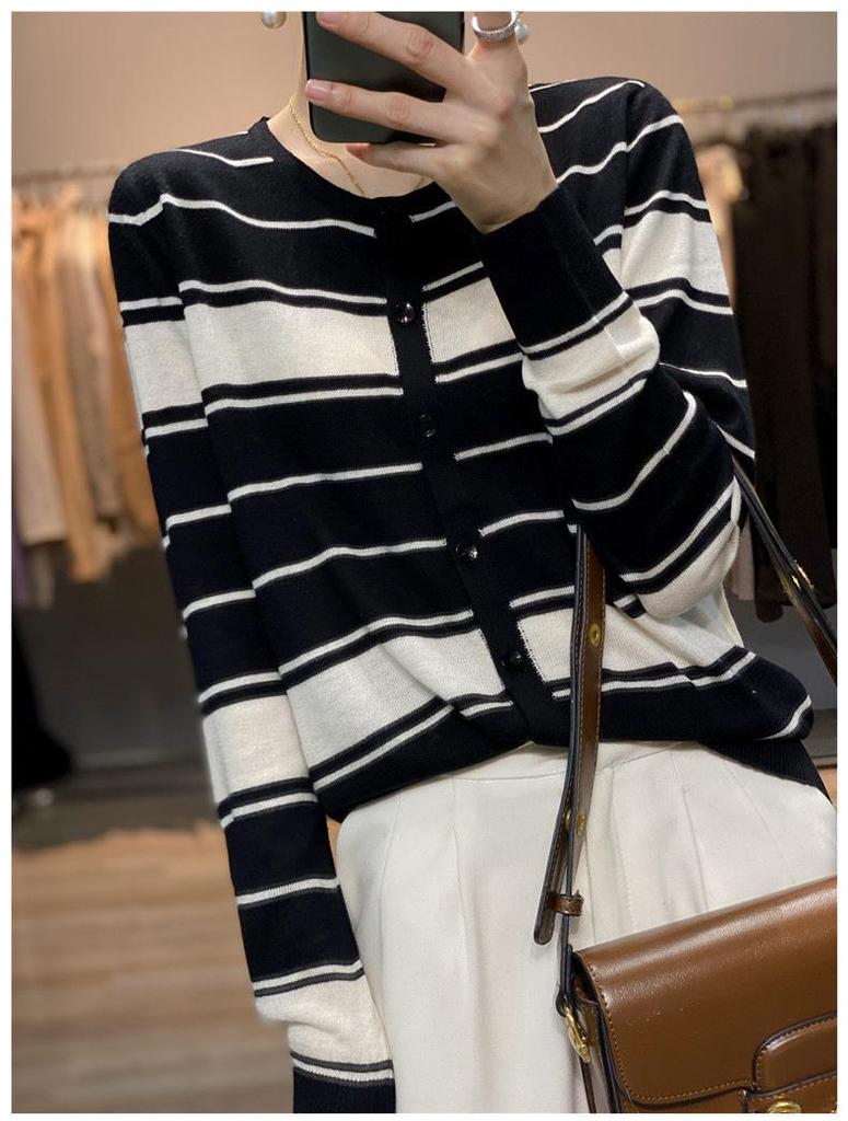 Women's Korean Striped Knit Cardigan - Loose, Thin, Long Sleeve, Round Neck, Spring/Autumn Fashion
