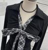 Spicy Girl V-Neck Bow Tie Lace-Up Long Sleeve Slim Pleated Top