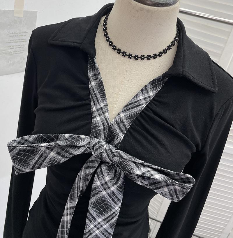 Spicy Girl V-Neck Bow Tie Lace-Up Long Sleeve Slim Pleated Top