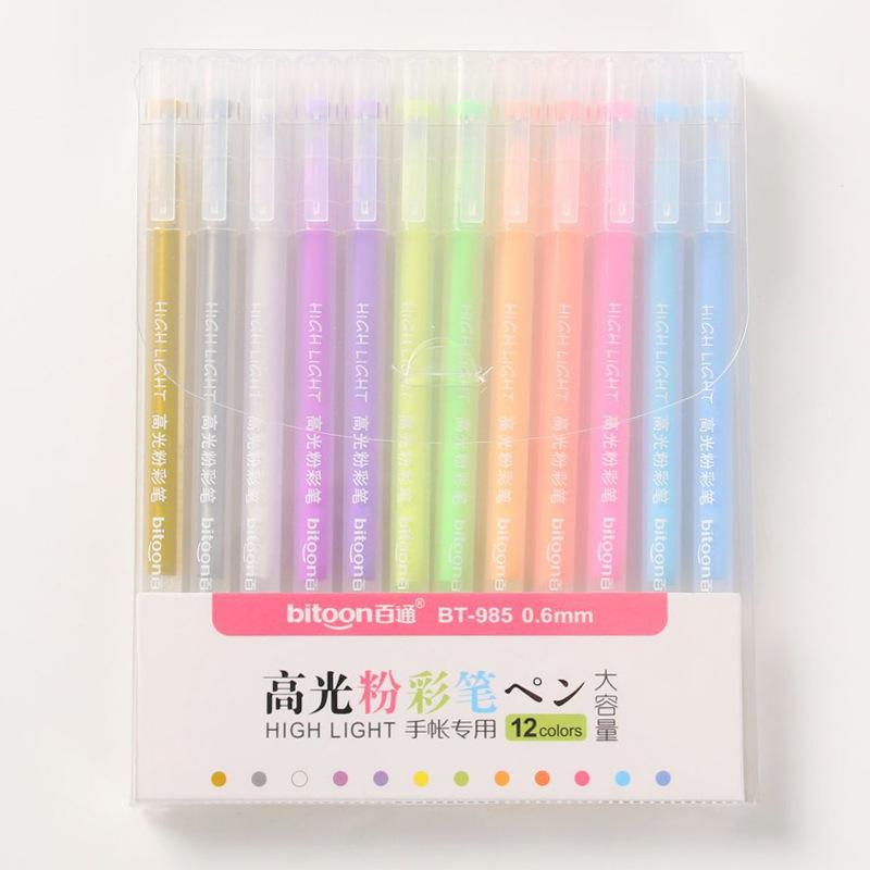 12 Pcs/set 0.6mm Highlight Paint Color Gel Pen Stationery Office Marker Pen for Kids Drawing Art Writing Supplies Color Ink