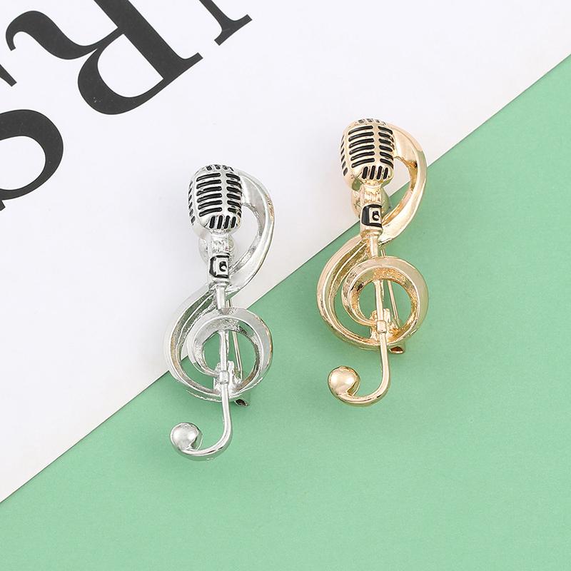 Broches en forme de note de musique avec microphone, couleur or et argent, badge spécial