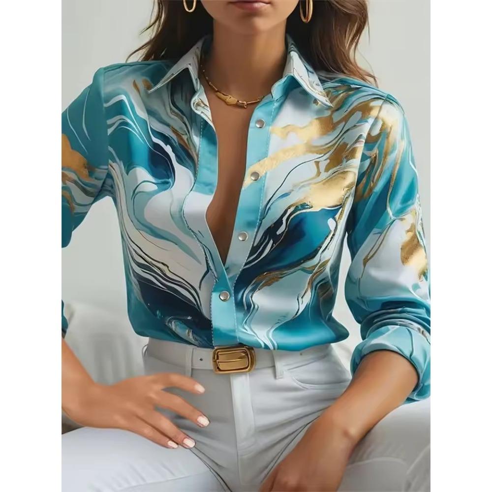 Women's  Fashion Geometric Buttons Blouse Lapel Neck Blouse Womens Long Sleeve Shirts Womens Clothing Female Clothing