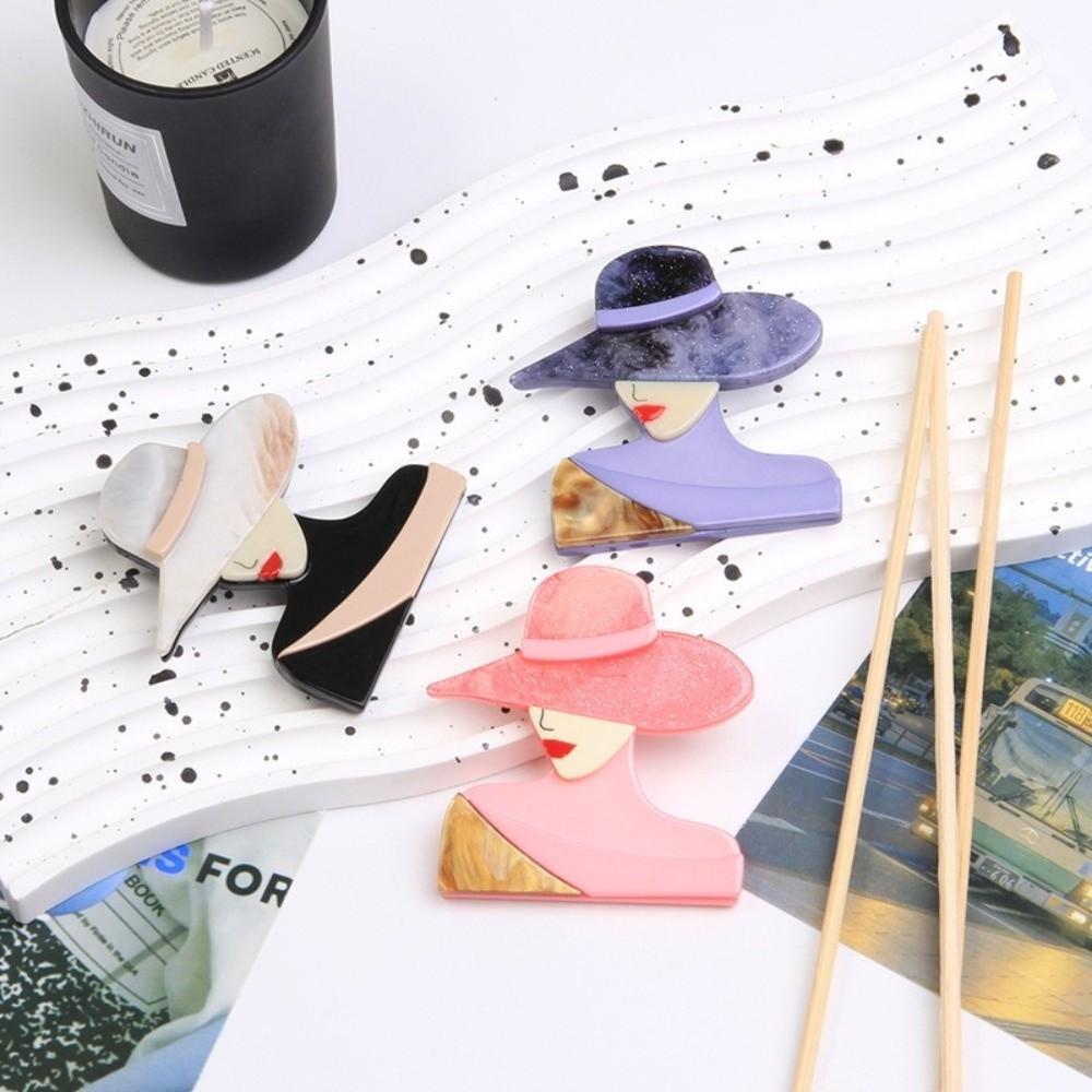 Acrylic Lady with Hat Brooch Cartoon Modern Girls Badge Women Portrait Pin  Clothing Accessories