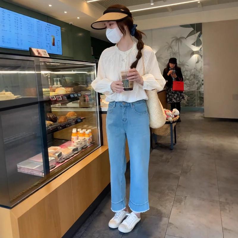 Korean Style Cotton Embroidered Long Sleeve Blouse - Women's Casual Spring/Summer Jacquard Shirt