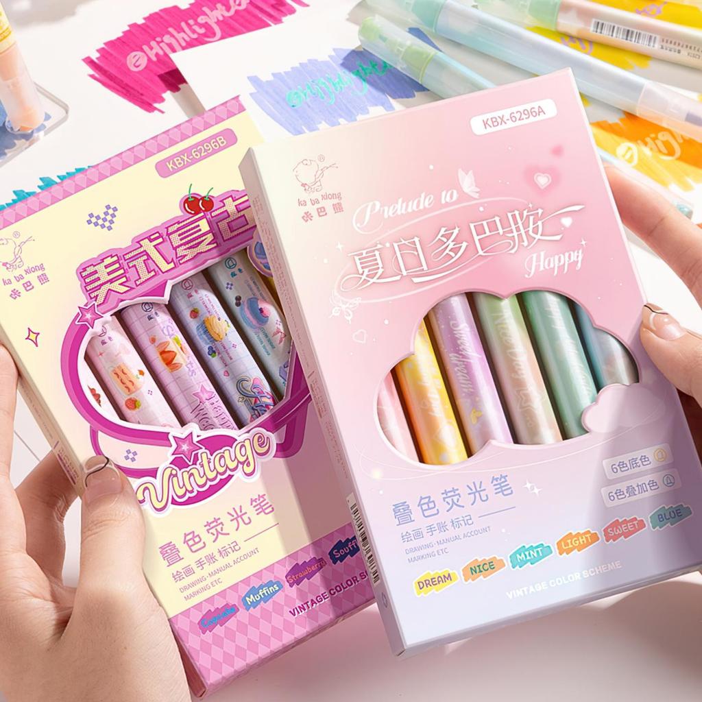 6pcs Vintage Color Scheme Highlighter Pen Set Laying Colors Fluorescent Magic Art Marker Liner for Drawing