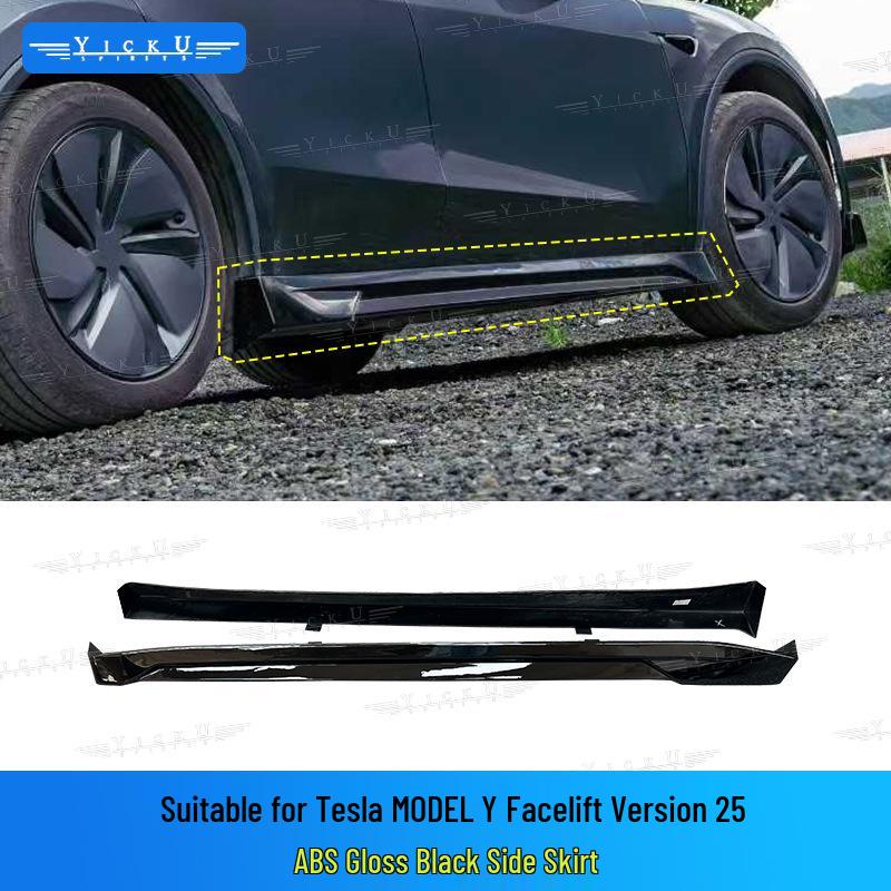 Gloss Black Front Lip & Side Skirts with Lights for 2025 Tesla Model Y Facelift, Includes Rear Lip, Front Splitter & Rear Diffuser.