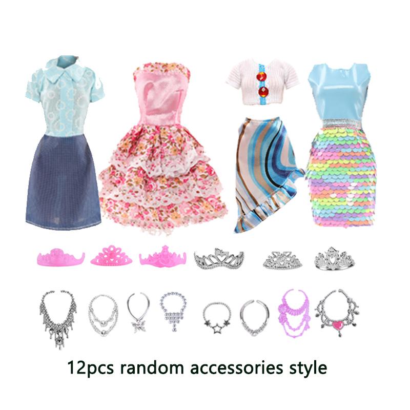 16pcs Set 30cm Doll Clothes And Accessories Include 4 Fashion Dresses 6 Crown 6 Necklace for Barbie Toys for Girls, Dressing Up