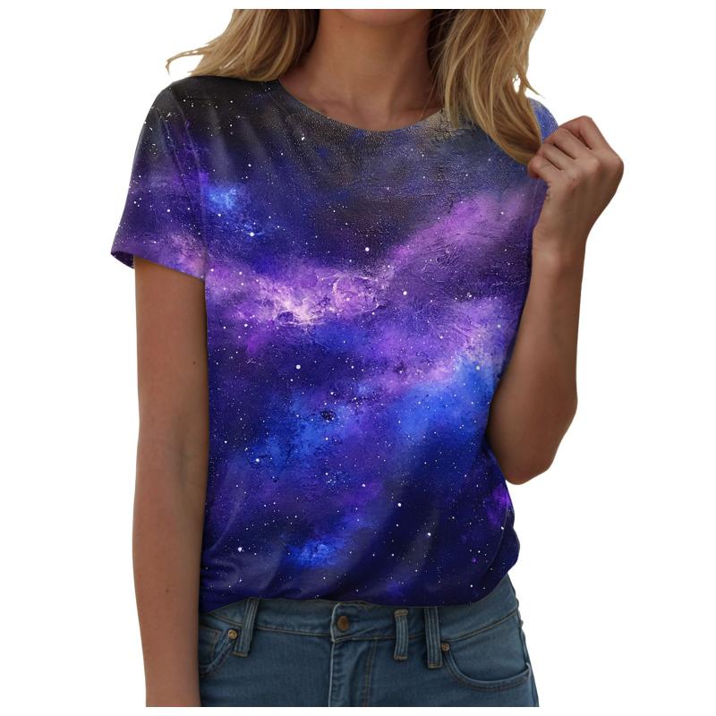 Topp Blus Kvinna Trend 2025 Kvinnor 3d Galaxy Tryck T-shirts Glitter Skjortor Blus Trendig Stjärnklar Himmel Sommar Ropa Para Mujer