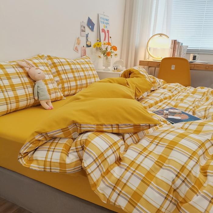 Japanese simple style plaid skin-friendly abrasive four-piece set, bedroom bedding washable sheets, quilt cover kit