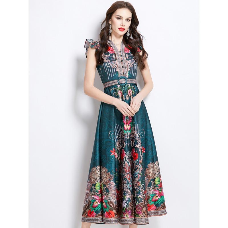 Summer Women Vintage Palace Print Designer Runway Dress V-neck Single Breasted Long Maxi Holiday Beach Boho Dresses with Belt