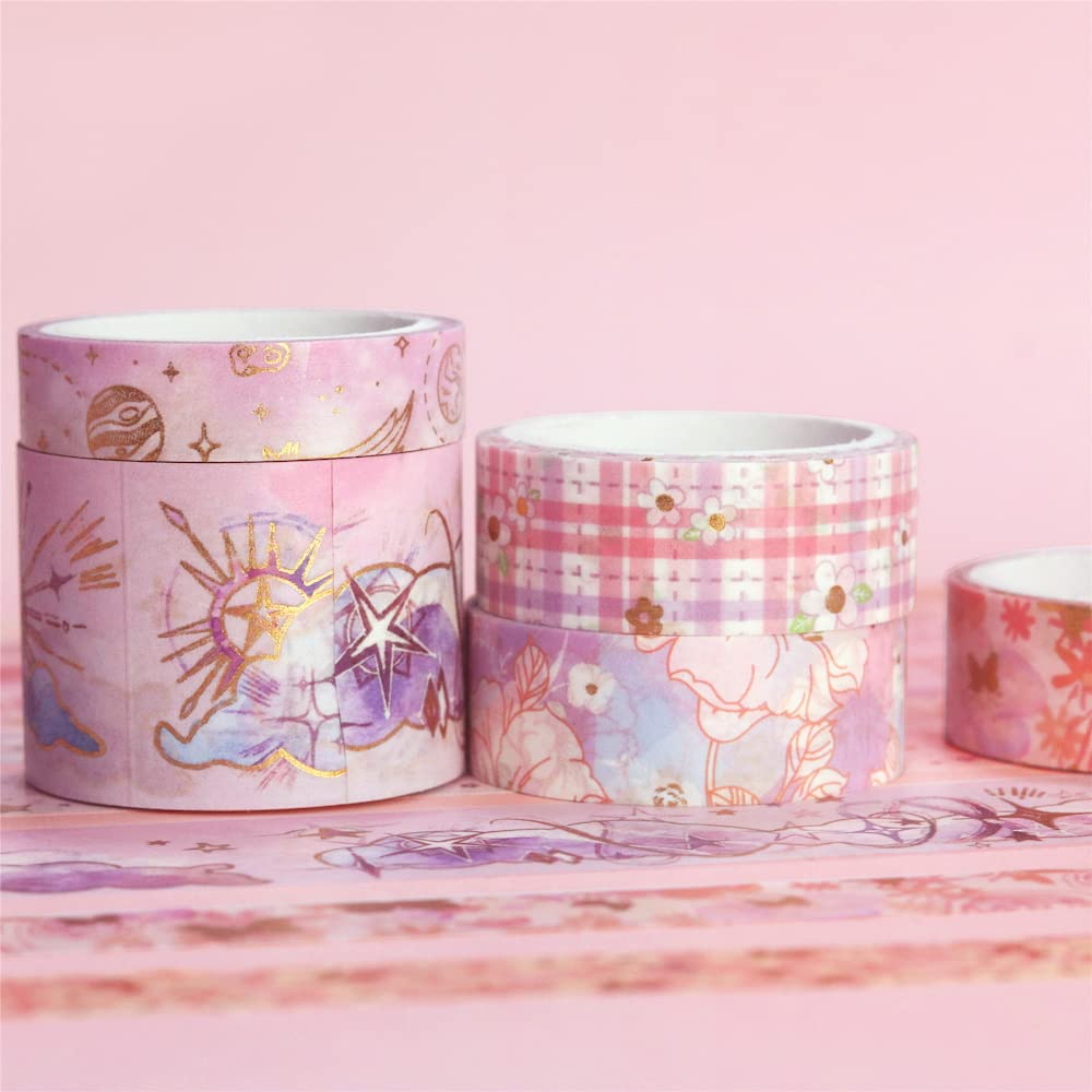 YUBBAEX Masking Tape Mysterious Foil Super Cute Perfect for Gift DIY and Notebook Decoration 9-Volume - Space, Wide, Silver/Gold Stamped, Style, Thin,