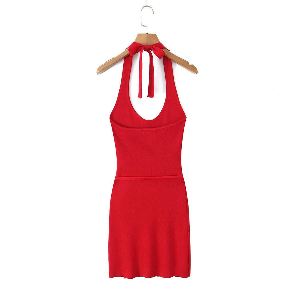 SAW American Style Red Spicy Girl Metal Strap Halter Waist-Cinching Bodycon Dress