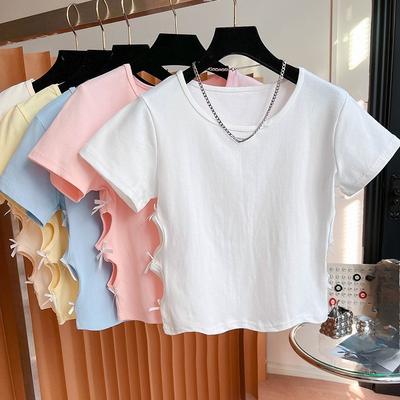 T-shirt Estive a Maniche Corte da Donna in Puro Cotone T-shirt Monocolore Girocollo Lati traforati Crop Top y2k Tee Donna Casual Larga