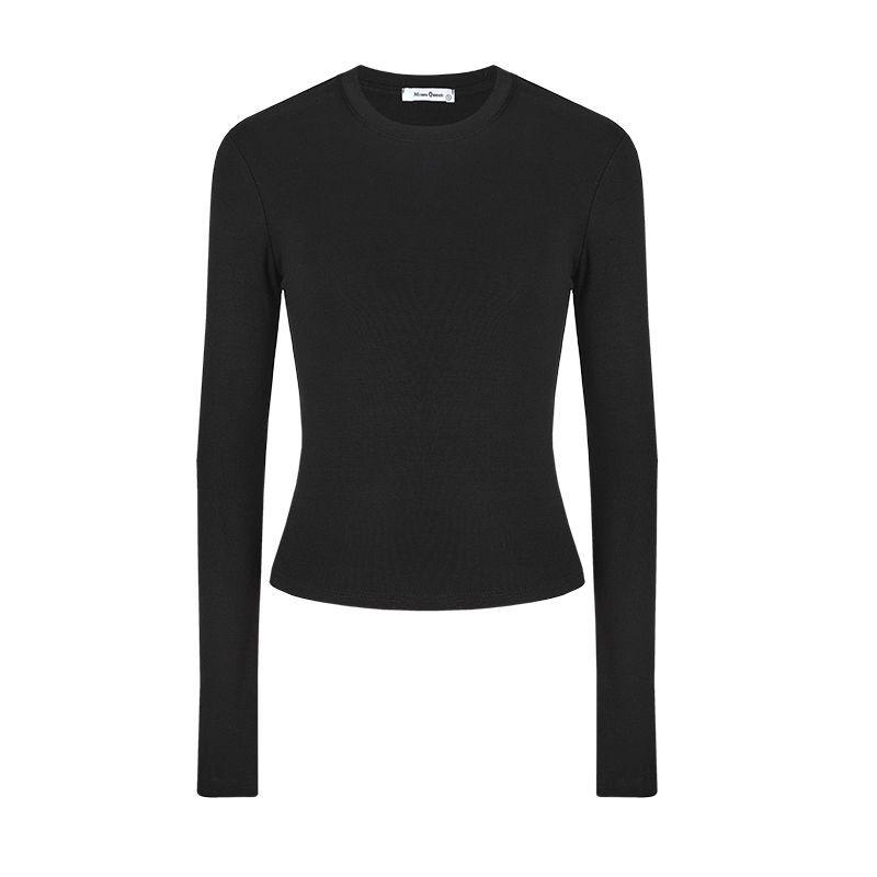 American Cinched Waist Long Sleeve T-shirt, Korean Style, High Stretch, Round Neck, Hot Girl Fashion for Autumn and Summer.